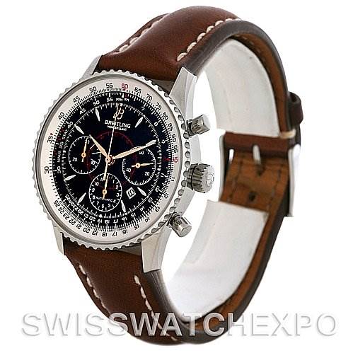 The image shows a side angle of a Breitling Navitimer A4137012/B875 Men's Stainless Steel Black Dial A4137012/B875 Men's Stainless Steel Black Dial watch, displaying the face, bezel, pushers, crown, and leather strap.