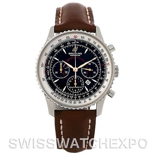 The image shows a front view of a Breitling Navitimer A4137012/B875 Men's Stainless Steel Black Dial A4137012/B875 Men's Stainless Steel Black Dial watch with a brown leather strap.