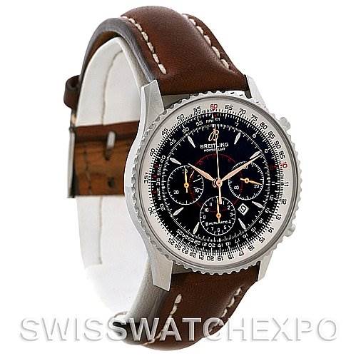 The Breitling Navitimer A4137012/B875 Men's Stainless Steel Black Dial A4137012/B875 Men's Stainless Steel Black Dial watch is shown at a slight angle, highlighting the dial, bezel, and brown leather strap.