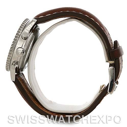 This side-view photo shows the case, bezel, crown, pushers, and leather strap of the Breitling Navitimer A4137012/B875 Men's Stainless Steel Black Dial A4137012/B875 Men's Stainless Steel Black Dial watch.