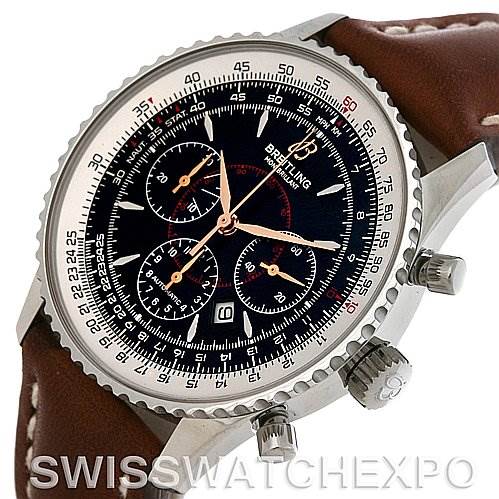 The image shows a close-up angle of the Breitling Navitimer A4137012/B875 Men's Stainless Steel Black Dial A4137012/B875 Men's Stainless Steel Black Dial watch face, bezel, crown, pushers, and part of the leather strap.