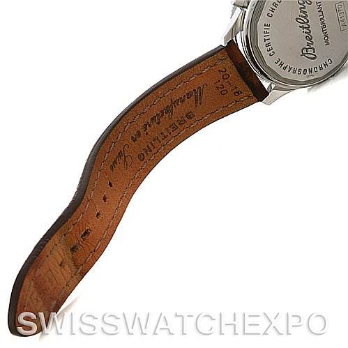 The image shows the back of the Breitling Navitimer A4137012/B875 Men's Stainless Steel Black Dial A4137012/B875 Men's Stainless Steel Black Dial watch, focusing on the case back and inner side of the leather strap.