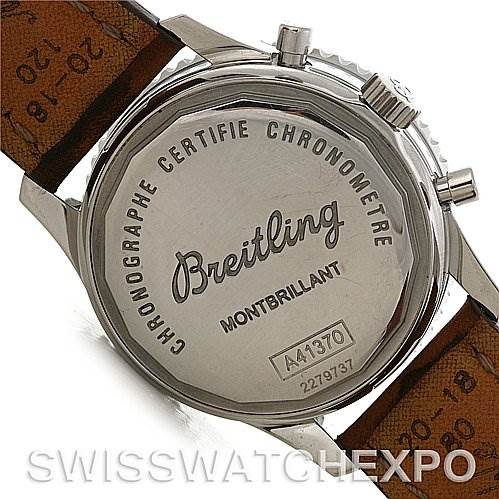 The image shows the back case of a Breitling Navitimer A4137012/B875 Men's Stainless Steel Black Dial A4137012/B875 Men's Stainless Steel Black Dial Montbrillant watch, highlighting the engraved details and leather strap.