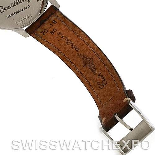 The image shows the underside of a leather strap and buckle of a Breitling Navitimer A4137012/B875 Men's Stainless Steel Black Dial A4137012/B875 Men's Stainless Steel Black Dial watch from a rear angle.