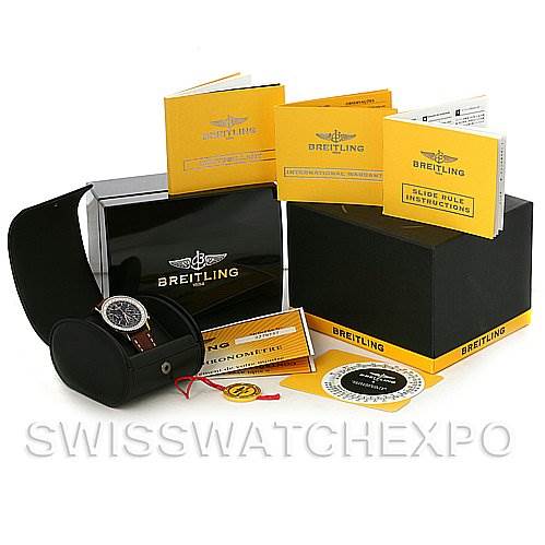 This image shows a Breitling Navitimer A4137012/B875 Men's Stainless Steel Black Dial A4137012/B875 Men's Stainless Steel Black Dial watch along with its box, manuals, an authenticity card, and additional booklets.