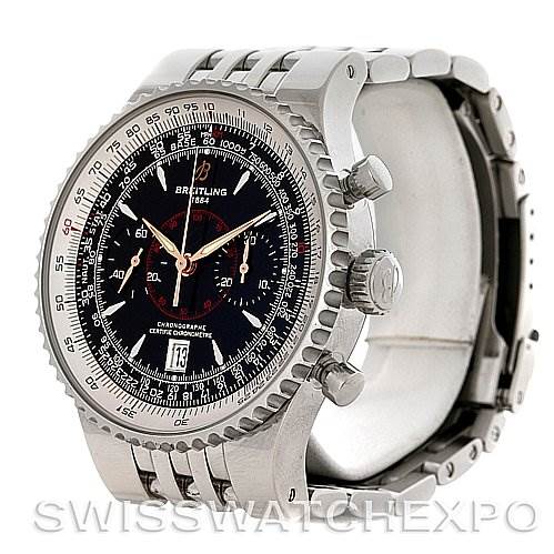 This image shows a Breitling Navitimer A23340 Men's Stainless Steel Black Dial A23340 Men's Stainless Steel Black Dial watch at a three-quarter angle, highlighting the chronograph dials, bezel, and stainless steel strap.