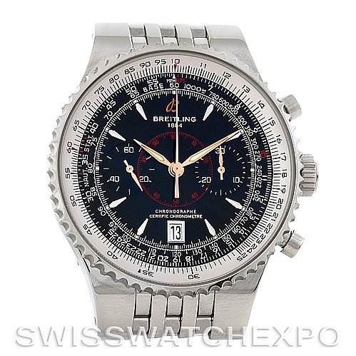 The image shows a front view of a Breitling Navitimer A23340 Men's Stainless Steel Black Dial A23340 Men's Stainless Steel Black Dial watch, highlighting the dial, bezel, and stainless steel bracelet.