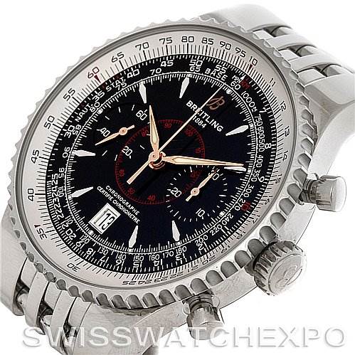 The image shows a Breitling Navitimer A23340 Men's Stainless Steel Black Dial A23340 Men's Stainless Steel Black Dial watch at an angle highlighting its face, bezel, and part of the bracelet.