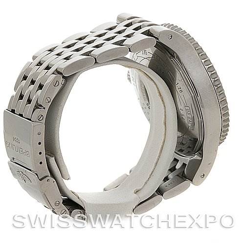 The image shows the side and back view of the Breitling Navitimer A23340 Men's Stainless Steel Black Dial A23340 Men's Stainless Steel Black Dial watch, highlighting its stainless steel bracelet and clasp.