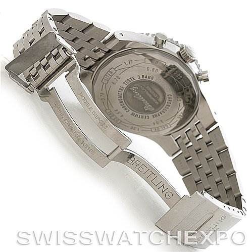 This image shows the back case and clasp of a Breitling Navitimer A23340 Men's Stainless Steel Black Dial A23340 Men's Stainless Steel Black Dial watch, highlighting the metal bracelet and engraved details.