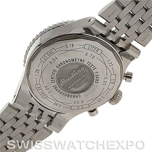 This image shows the back of a Breitling Navitimer A23340 Men's Stainless Steel Black Dial A23340 Men's Stainless Steel Black Dial watch, including its stainless steel case and bracelet.