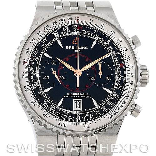 The image shows the face and bracelet of a Breitling Navitimer A23340 Men's Stainless Steel Black Dial A23340 Men's Stainless Steel Black Dial watch, presented from a top-down angle.