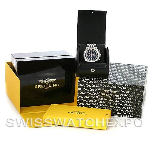 The image shows a Breitling Navitimer A23340 Men's Stainless Steel Black Dial A23340 Men's Stainless Steel Black Dial watch at a front angle, along with its box, case, and warranty booklet.