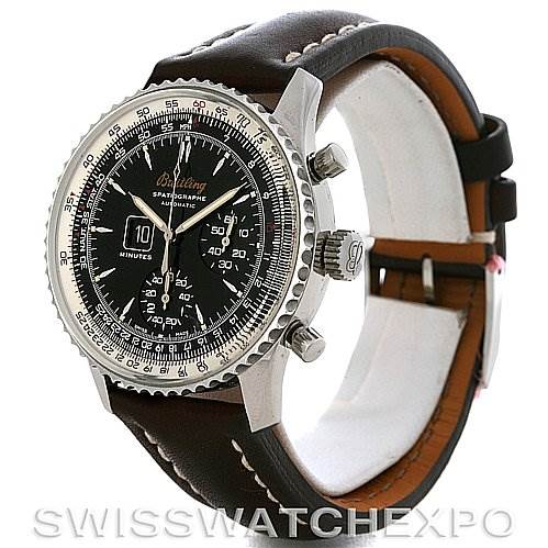 The image shows a Breitling Navitimer A36030 Men's Stainless Steel Black Dial A36030 Men's Stainless Steel Black Dial watch at a slight angle, highlighting the face, bezel, crown, pushers, and leather strap.
