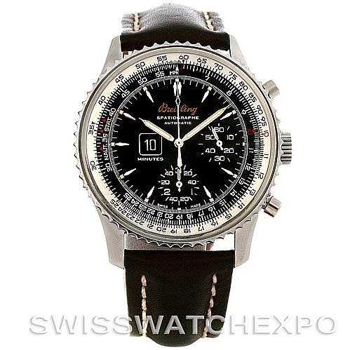 The image shows a front view of the Breitling Navitimer A36030 Men's Stainless Steel Black Dial A36030 Men's Stainless Steel Black Dial watch, highlighting its black dial, bezel, and leather strap.