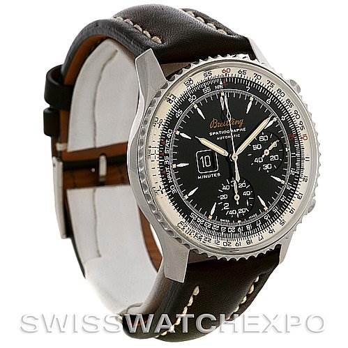 The image shows a Breitling Navitimer A36030 Men's Stainless Steel Black Dial A36030 Men's Stainless Steel Black Dial watch angled to display the face, bezel, and part of the leather strap.
