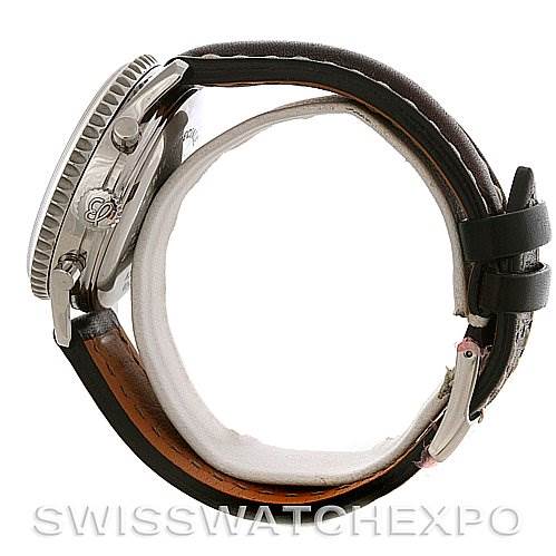 The image shows a side view of a Breitling Navitimer A36030 Men's Stainless Steel Black Dial A36030 Men's Stainless Steel Black Dial watch focusing on the case, crown, and leather strap.