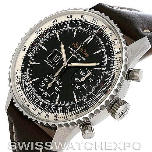 This image shows a Breitling Navitimer A36030 Men's Stainless Steel Black Dial A36030 Men's Stainless Steel Black Dial watch at an angle, highlighting the face, bezel, crown, pushers, and part of the leather strap.
