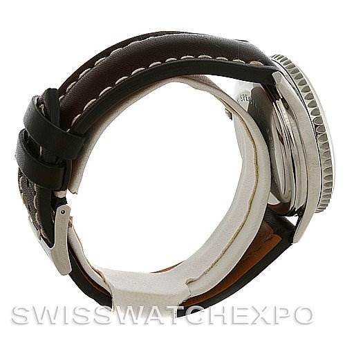 This side view shows the band, buckle, and profile of the case of the Breitling Navitimer A36030 Men's Stainless Steel Black Dial A36030 Men's Stainless Steel Black Dial watch.