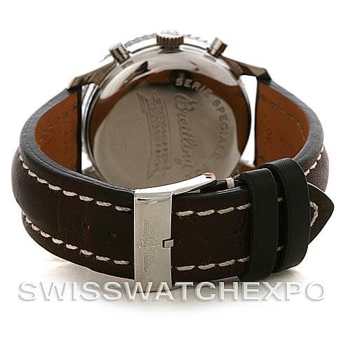 This image shows the back view of the Breitling Navitimer A36030 Men's Stainless Steel Black Dial A36030 Men's Stainless Steel Black Dial watch, highlighting the case back, lugs, and brown leather strap.