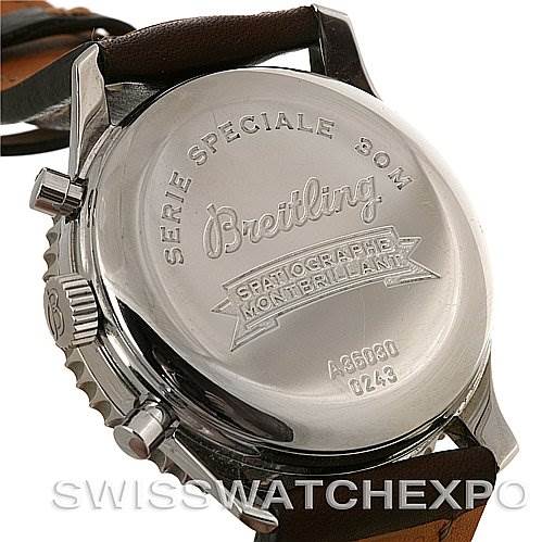 The image shows the back case of a Breitling Navitimer A36030 Men's Stainless Steel Black Dial A36030 Men's Stainless Steel Black Dial watch, highlighting the engravings and the leather strap attachment.