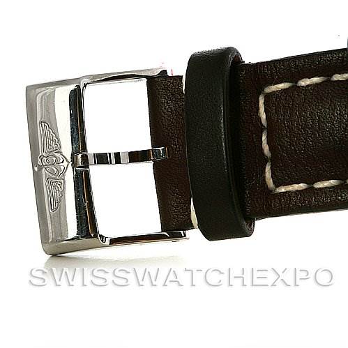 The image shows a close-up of the leather strap and buckle of a Breitling Navitimer A36030 Men's Stainless Steel Black Dial A36030 Men's Stainless Steel Black Dial watch.