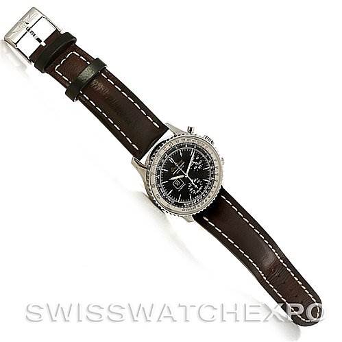 The image shows a Breitling Navitimer A36030 Men's Stainless Steel Black Dial A36030 Men's Stainless Steel Black Dial watch at an angled top-down view, highlighting its black dial, silver case, and brown leather strap.