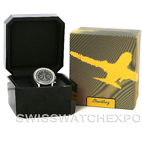 The image shows a Breitling Navitimer A36030 Men's Stainless Steel Black Dial A36030 Men's Stainless Steel Black Dial watch at an angle inside a black box with its branded packaging visible next to it.