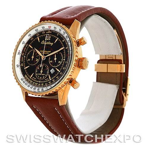 The image shows a Breitling Navitimer H4133012 Men's Rose Gold Black Dial H4133012 Men's Rose Gold Black Dial watch angled from the front-left, highlighting its brown leather strap, gold case, and black dial.
