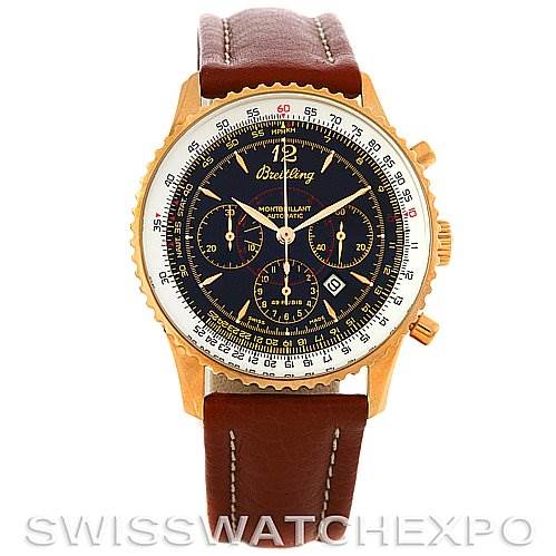 The image shows a front view of a Breitling Navitimer H4133012 Men's Rose Gold Black Dial H4133012 Men's Rose Gold Black Dial watch with a brown leather strap and a gold case.