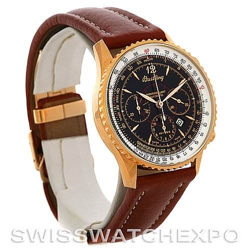 This image shows a Breitling Navitimer H4133012 Men's Rose Gold Black Dial H4133012 Men's Rose Gold Black Dial watch at an angle revealing the face, bezel, and leather strap.