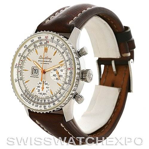 The image shows a Breitling Navitimer A36030 Men
s Stainless Steel Silver Dial A36030 Men
s Stainless Steel Silver Dial watch at a 3/4 angle, highlighting its dial, bezel, pushers, crown, and leather strap.