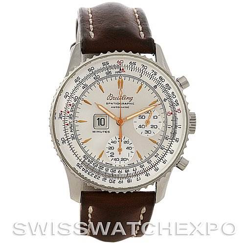 This image shows a front view of a Breitling Navitimer A36030 Men
s Stainless Steel Silver Dial A36030 Men
s Stainless Steel Silver Dial watch, displaying its dial, bezel, pushers, crown, and leather strap.