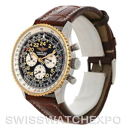 The image shows a Breitling Navitimer D12322 Men's Stainless Steel Black Dial D12322 Men's Stainless Steel Black Dial watch at an angled side view, highlighting its bezel, dial, crown, pushers, and leather strap.
