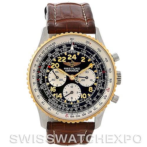 This image shows a front view of the Breitling Navitimer D12322 Men's Stainless Steel Black Dial D12322 Men's Stainless Steel Black Dial watch, featuring its dial, bezel, and brown leather strap.