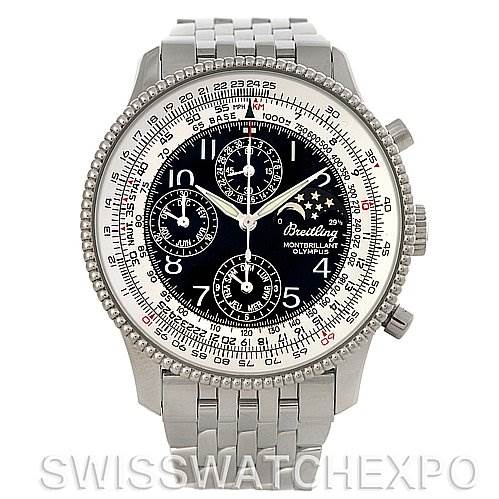 This image shows the front view of a Breitling Navitimer A1935012 Men's Stainless Steel Black Dial A1935012 Men's Stainless Steel Black Dial watch, displaying the dial, bezel, and stainless steel bracelet.