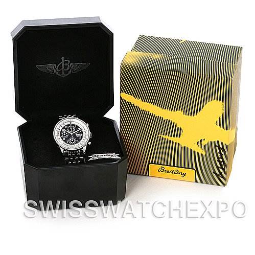 The image shows a Breitling Navitimer A1935012 Men's Stainless Steel Black Dial A1935012 Men's Stainless Steel Black Dial watch at a three-quarter angle with its box and packaging.