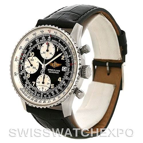 This image shows a Breitling Navitimer A13022 Men's Stainless Steel Black Dial A13022 Men's Stainless Steel Black Dial watch with a black leather strap, viewed from a front-left angle, highlighting its chronograph functions and dial.