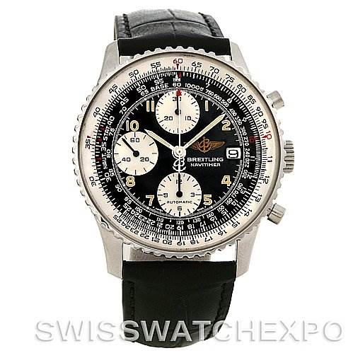 The image shows a front view of the Breitling Navitimer A13022 Men's Stainless Steel Black Dial A13022 Men's Stainless Steel Black Dial watch, highlighting its dial, bezel, crown, and leather strap.