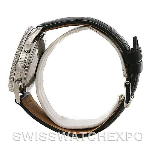 The image shows a side profile view of the Breitling Navitimer A13022 Men's Stainless Steel Black Dial A13022 Men's Stainless Steel Black Dial watch, highlighting the case, bezel, crown, and black leather strap.