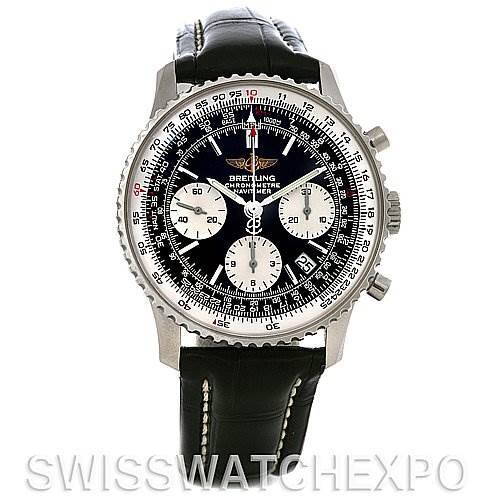The image shows a front view of the Breitling Navitimer A23322 Men's Stainless Steel Black Dial A23322 Men's Stainless Steel Black Dial watch, highlighting its black dial, subdials, and leather strap.