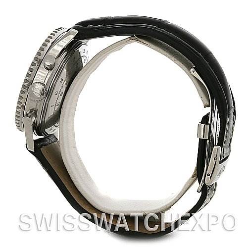 The image shows a side view of the Breitling Navitimer A23322 Men's Stainless Steel Black Dial A23322 Men's Stainless Steel Black Dial watch, highlighting the case, bezel, crown, pushers, and leather strap.