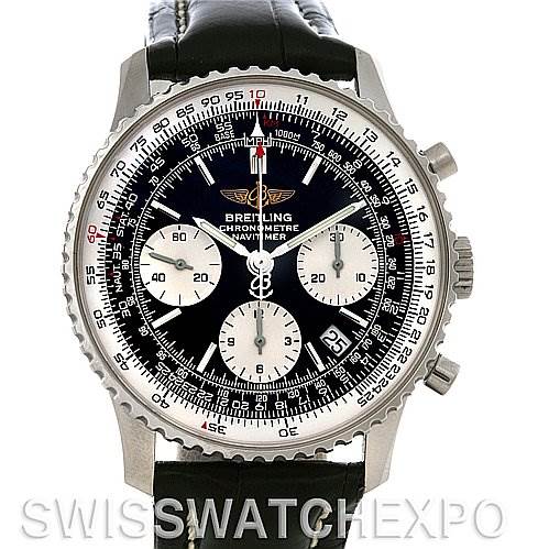 The image shows the front view of the Breitling Navitimer A23322 Men's Stainless Steel Black Dial A23322 Men's Stainless Steel Black Dial chronometer, focusing on the detailed dial and bezel with three subdials and a date display.