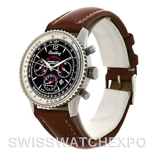 The image shows a Breitling Navitimer A41330 Men's Stainless Steel Black Dial A41330 Men's Stainless Steel Black Dial watch angled from the front left, highlighting its dial, bezel, and brown leather strap.