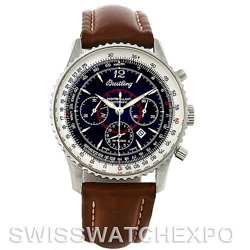 The image shows a Breitling Navitimer A41330 Men's Stainless Steel Black Dial A41330 Men's Stainless Steel Black Dial watch with a brown leather strap, featuring its face, bezel, crown, and pushers.