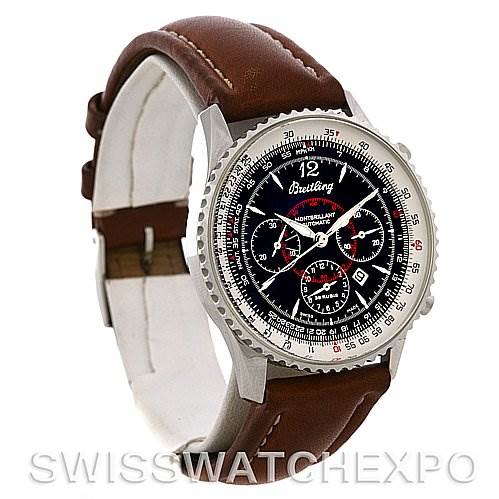 The image shows a side-angle view of the Breitling Navitimer A41330 Men's Stainless Steel Black Dial A41330 Men's Stainless Steel Black Dial watch, highlighting the watch face, bezel, and leather strap.