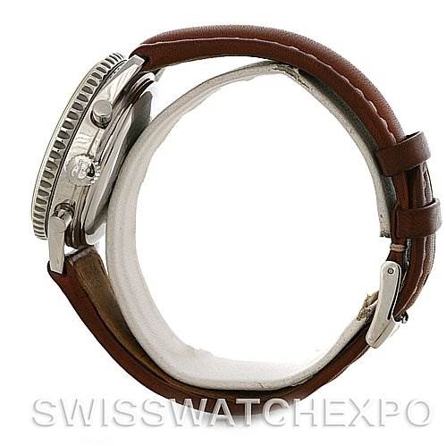 The image shows a Breitling Navitimer A41330 Men's Stainless Steel Black Dial A41330 Men's Stainless Steel Black Dial watch from a side angle, highlighting its case, bezel, crown, and a brown leather strap.