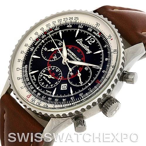 The image shows a side angle view of the Breitling Navitimer A41330 Men's Stainless Steel Black Dial A41330 Men's Stainless Steel Black Dial watch, highlighting its dial, bezel, crown, and leather strap.