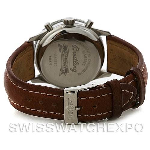 The image shows the back of a Breitling Navitimer A41330 Men's Stainless Steel Black Dial A41330 Men's Stainless Steel Black Dial watch along with its brown leather strap and stainless steel clasp.