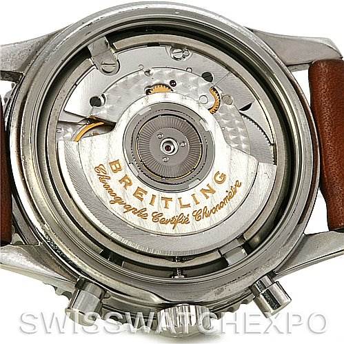 This is an image showing the back view of the Breitling Navitimer A41330 Men's Stainless Steel Black Dial A41330 Men's Stainless Steel Black Dial watch, focusing on its exposed automatic movement and rotor.